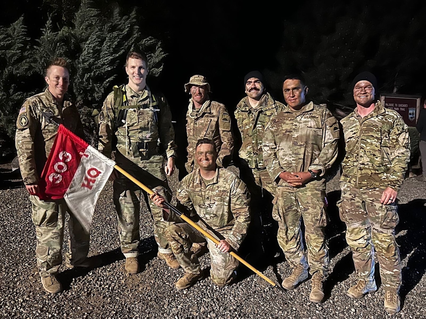 Soldiers from 1st Squadron, 303rd Cavalry Regiment pose with Col. Josh Barrow, commander, 96th Troop Command, following the 5th annual Central Washington University Army Reserve Officer Training Corp.