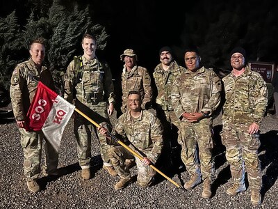 Soldiers from 1st Squadron, 303rd Cavalry Regiment pose with Col. Josh Barrow, commander, 96th Troop Command, following the 5th annual Central Washington University Army Reserve Officer Training Corp.