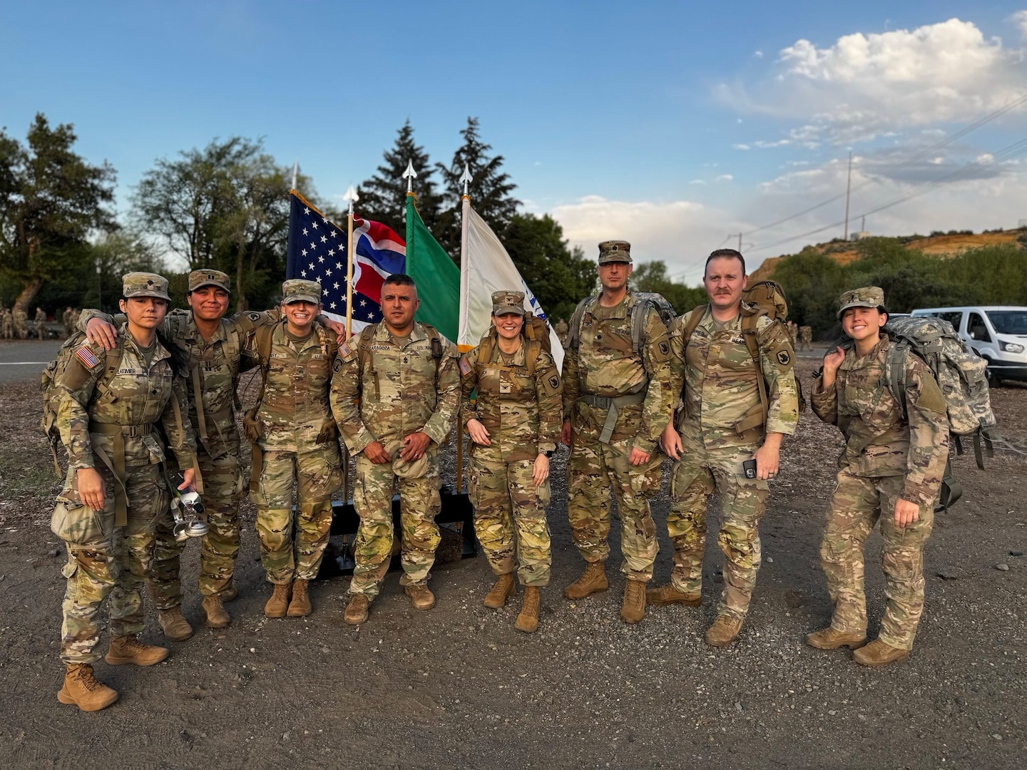 Soldiers from Washington Army National Guard Medical Command Detachment pose for a photo prior to the 5th annual Central Washington University Army Reserve Officer Training Corp. Norwegian Foot March in Ellensburg, Wash., May 2, 2025.