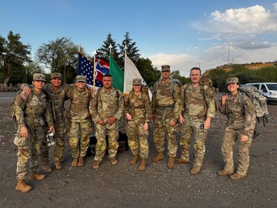 Soldiers from Washington Army National Guard Medical Command Detachment pose for a photo prior to the 5th annual Central Washington University Army Reserve Officer Training Corp. Norwegian Foot March in Ellensburg, Wash., May 2, 2025.