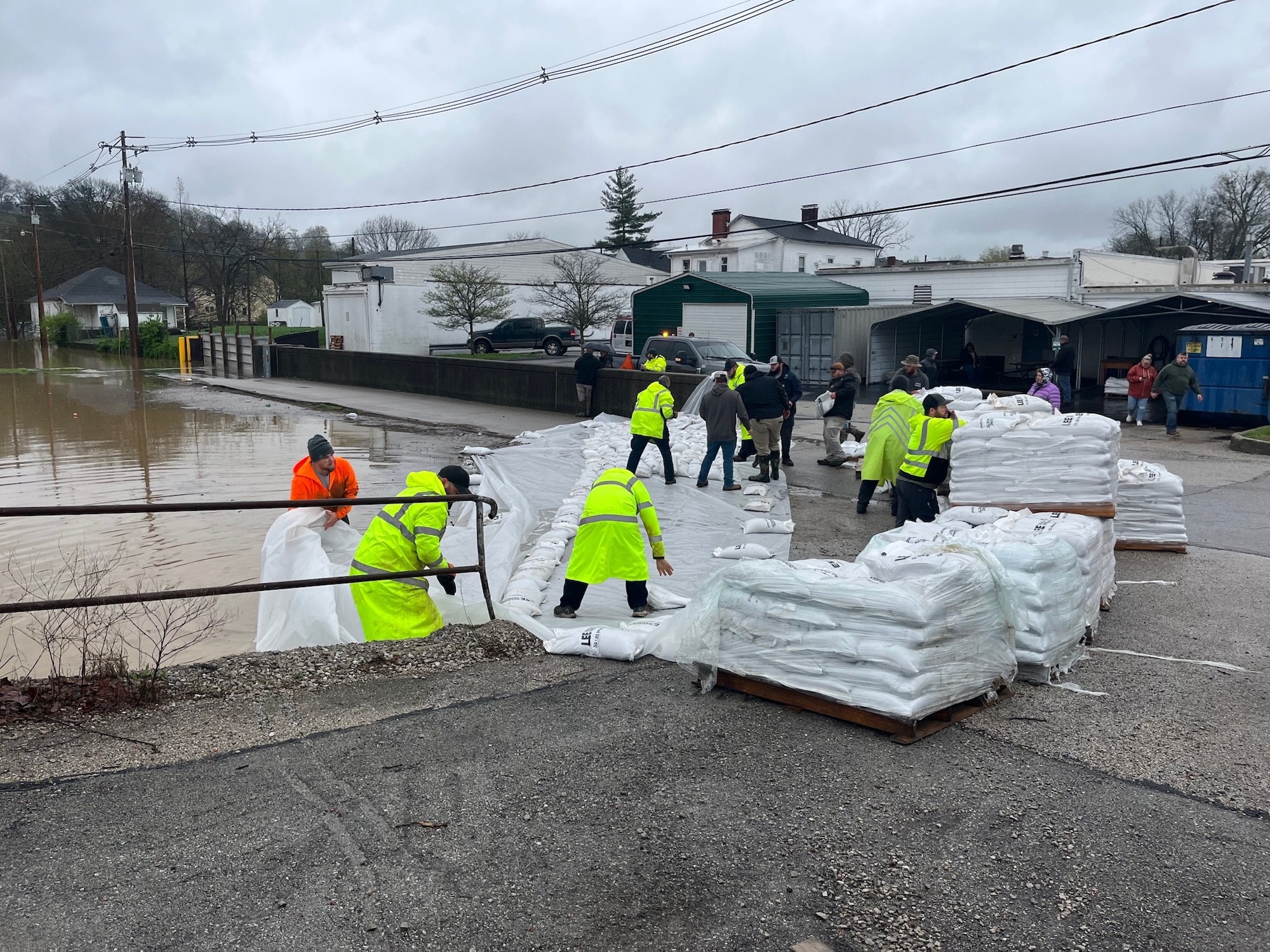 The Louisville District Flood Fight Teams from Levee Safety work with the local levee sponsors on sandbag placement in Frankfort, Kentucky, April 6.