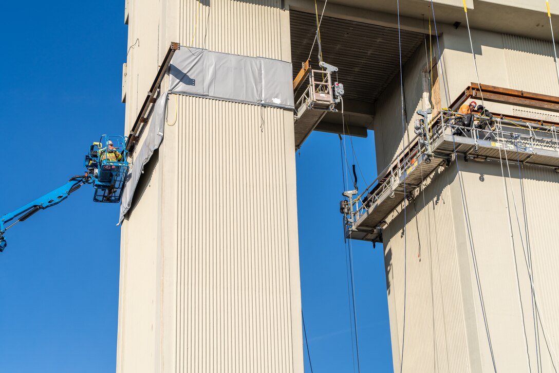 Construction efforts are underway for the addition of a ninth floor to an existing 13-story research tower located on Wright-Patterson Air Force Base, Feb. 10, 2025.