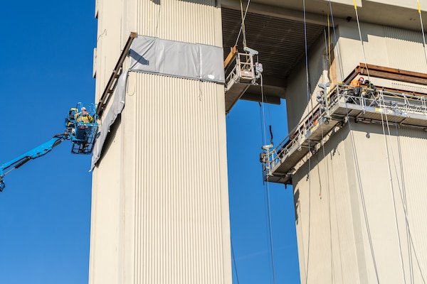 Construction efforts are underway for the addition of a ninth floor to an existing 13-story research tower located on Wright-Patterson Air Force Base, Feb. 10, 2025.