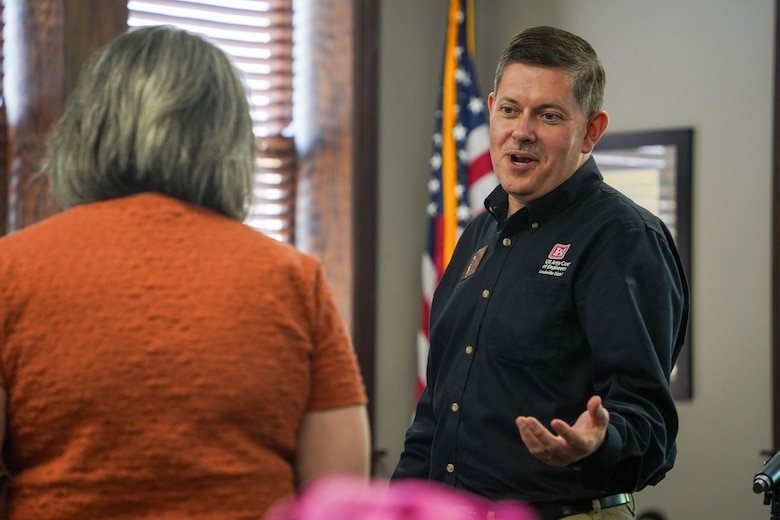 Brandon Brummett, Louisville District outreach coordinator, speaks to local officials during a resource and permitting workshop in Hazard, Kentucky April 23, 2025.