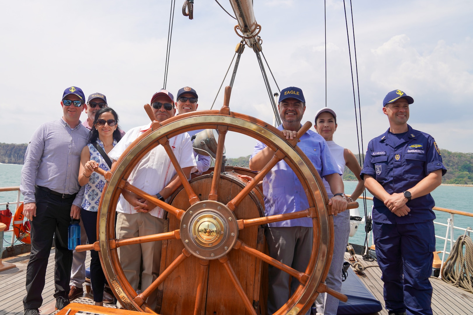 U.S. Coast Guard Barque Eagle (WIX 327) welcomed the Charge d' Affaires of the U.S. Embassy in Costa Rica, the Costa Rica Minister of Public Security, the Commandant of the Costa Rican Coast Guard, and other dignitaries aboard as the ship sailed into port in Puntarenas, Costa Rica, April 27, 2025. Eagle is the largest tall ship flying the Stars and Stripes and the only active square-rigger in U.S. government service. (U.S. Coast Guard courtesy photo by U.S. Embassy Costa Rica.)