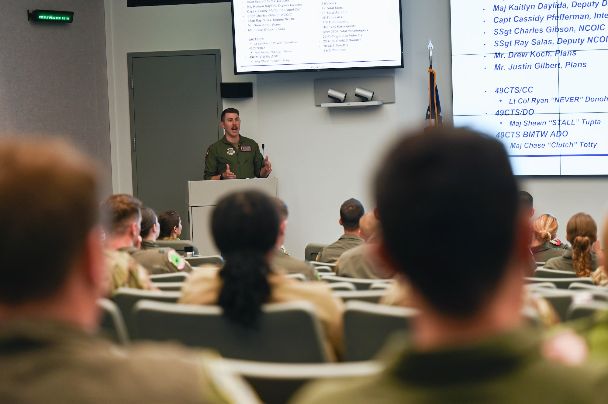 An Airman speaks to a crowd of people.