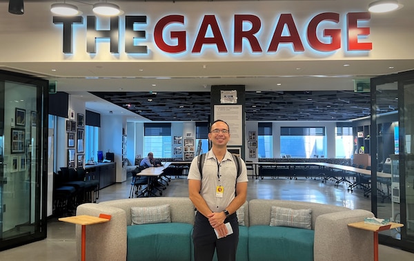 LTJG Bryan Holland getting ready to take part in a hackathon at Microsoft Corp.’s office in Reston, VA in September 2024. Holland worked with Microsoft as part of C5I Industry Training (C5IIT) program that lets members spend a year learning from private industry.