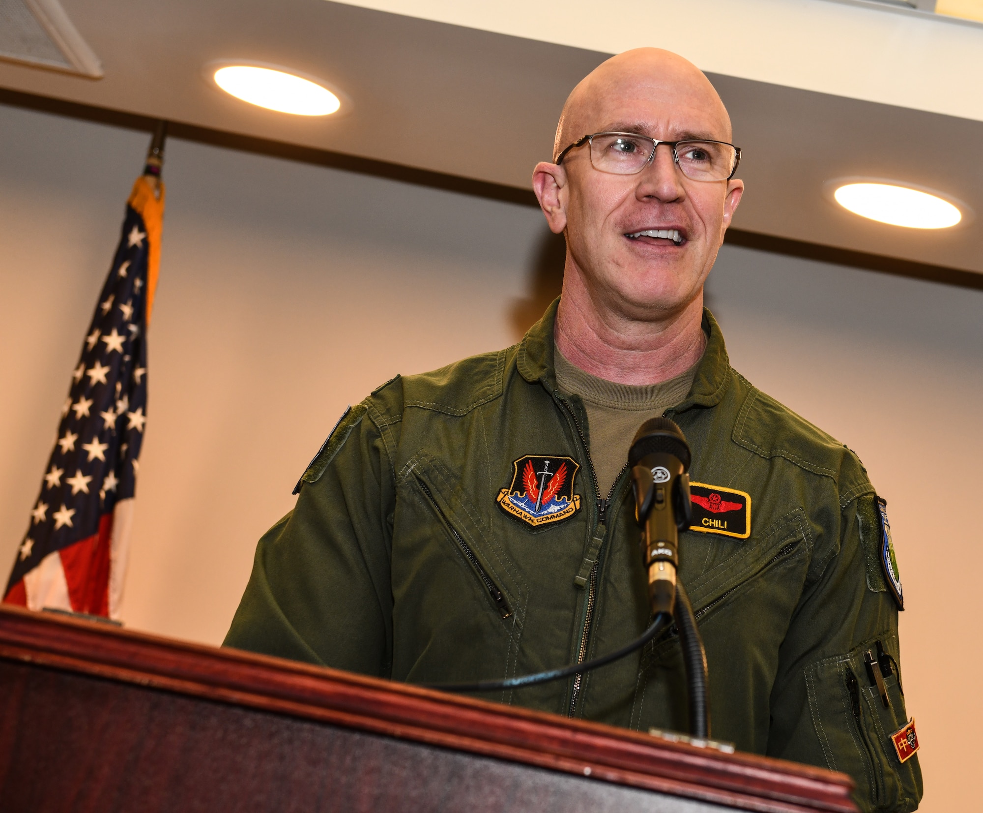 Col. Mark Howard, 55th Wing commander, gives opening remarks during the kickoff of Offutt Air Force Base's 2025 Air Force Assistance Fund campaign, May 2. (U.S. Air Force photo by Chad Watkins)