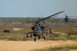 A U.S. AH-64 Apache fires missiles at targets during a training mission at Camp Ādaži, Latvia, May 02, 2025. Four AH-64 Apaches from the Combat Aviation Brigade, 1st Armored Division,  flew to a training area at Camp Adazi to demonstrate the aircraft’s precision and lethality to distinguished guests attending the training event. The U.S. remains committed to the NATO alliance and our Latvian allies. Latvia’s investment in its defense and cooperation with the U.S. strengthens deterrence and security along NATO’s eastern flank. (U.S. Army photo by Staff Sgt. Rose Di Trolio)