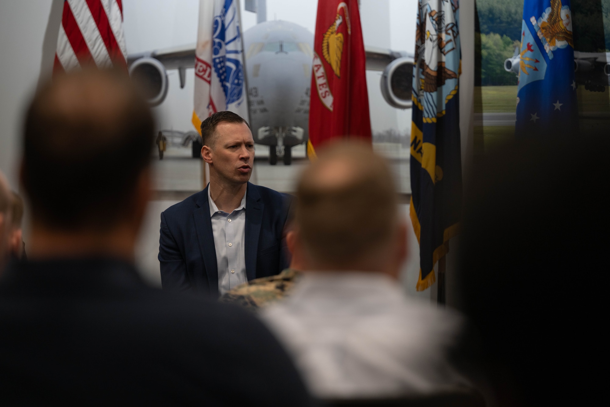 Tim Dill, performing the duties of deputy Under Secretary of Defense for Personnel and Readiness, speaks with personnel assigned to Joint Base McGuire-Dix-Lakehurst, N.J., May 2, 2025. The Office of the Under Secretary of Defense ensures standards are being followed, improving unit lethality and merit-based performance. (U.S. Air Force photo by Senior Airman Aidan Thompson)