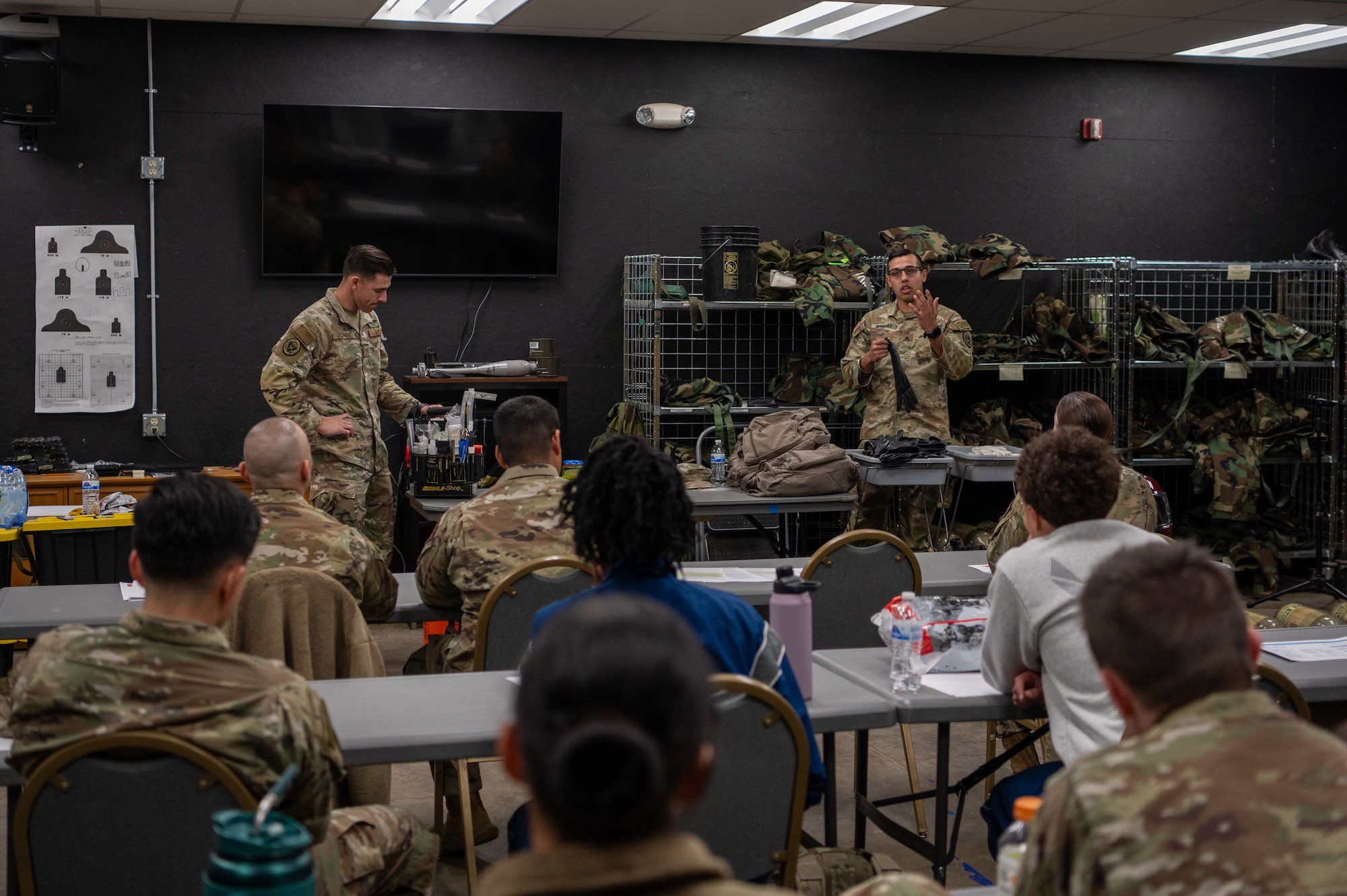 Arizona Air National Guard, Tech. Sgt. Peter Zuniga and Arizona Army National Guard Sgt. Darshawn Manhas, 91st Civil Support Team, give a presentation on how to handle hazardous materials detection kits during a CBRN training event at Goldwater Air National Guard Base, Ariz, Jan. 31, 2025. This annual exercise reinforces readiness for emergency response teams across multiple agencies. The 91st CST is a joint Arizona Army and Air National Guard unit that serves the Arizona Department of Emergency and Military Affairs (DEMA) and service members from other military organizations. (U.S. Air Force photo by Staff Sgt. Alexis Orozco)