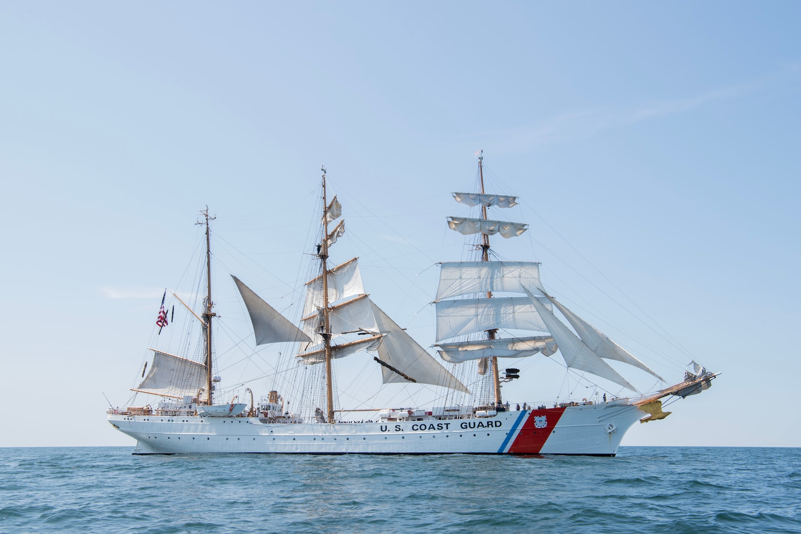 USCGC Eagle (WIX 327) sets sails, June 14, 2023, while underway in the Baltic Sea. Eagle is a tall ship used as a training platform for future Coast Guard Academy officers as well as a vessel utilized for establishing and maintaining domestic and international relationships. (U.S. Coast Guard photo by Petty Officer 3rd Class Carmen Caver)