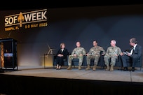 Lt. Gen.  Joshua M. Rudd, Gen. Stephen N. Whiting , Gen. (retired) Laura J. Richardson, Lt. Gen. Richard E. Angle, and Peter Bergen held a panel to discuss how SOF’s unique capabilities deter conflict and prepare for victory when deterrence fails during SOF Week on 6 May, 2025.