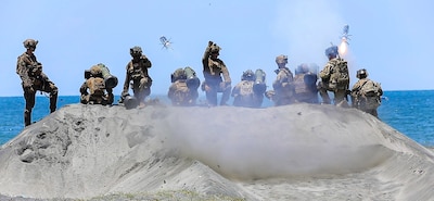 PHILIPPINES (May 3, 2025) — A U.S. Army Soldier assigned to the 1st Battalion, 21st Infantry Regiment, 2nd Mobile Brigade Combat Team, 25th Infantry Division, fires a FGM-148 Javelin missile in a Counter Landing live-fire exercise with U.S. Marines...