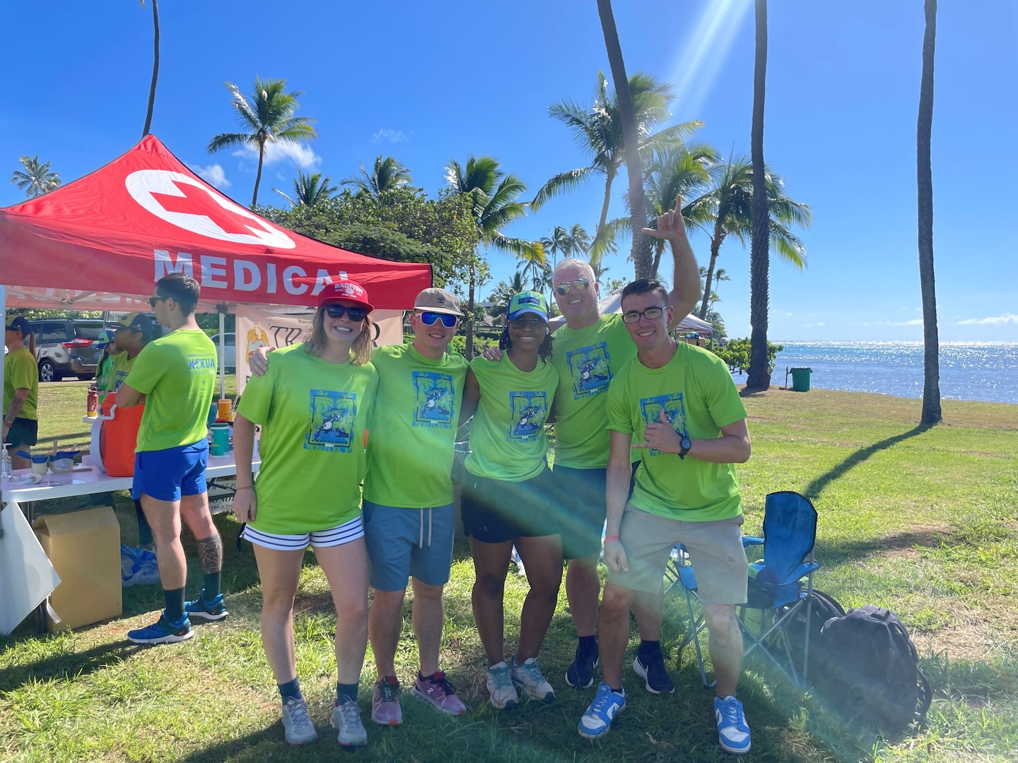 Participants in Tripler Army Medical Center’s Clinical Nurses Transition Program provide medical support at the Honolulu Marathon on Dec. 14, 2025. Among the volunteers were 2nd Lt. Naomi Richardson, 2nd Lt. Jeffery Klar, 2nd Lt. Akilah Gadson, Maj. Daniel Hines, and 2nd Lt. Zachary Zotti.