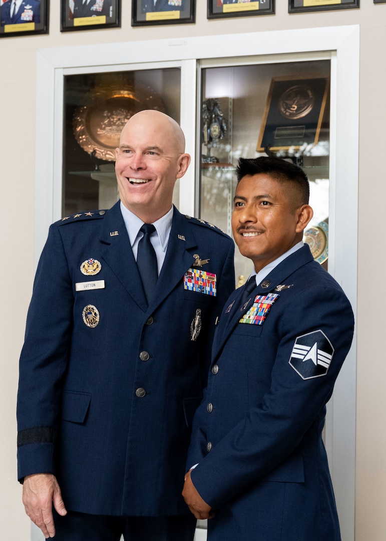 Lt. Gen. Michael Lutton, Deputy Commander of Global Strike Command poses for a photo with a student following a graduation ceremony from the Inter-American Air Forces Academy at Joint Base San Antonio-Lackland, Texas, April 17, 2025.