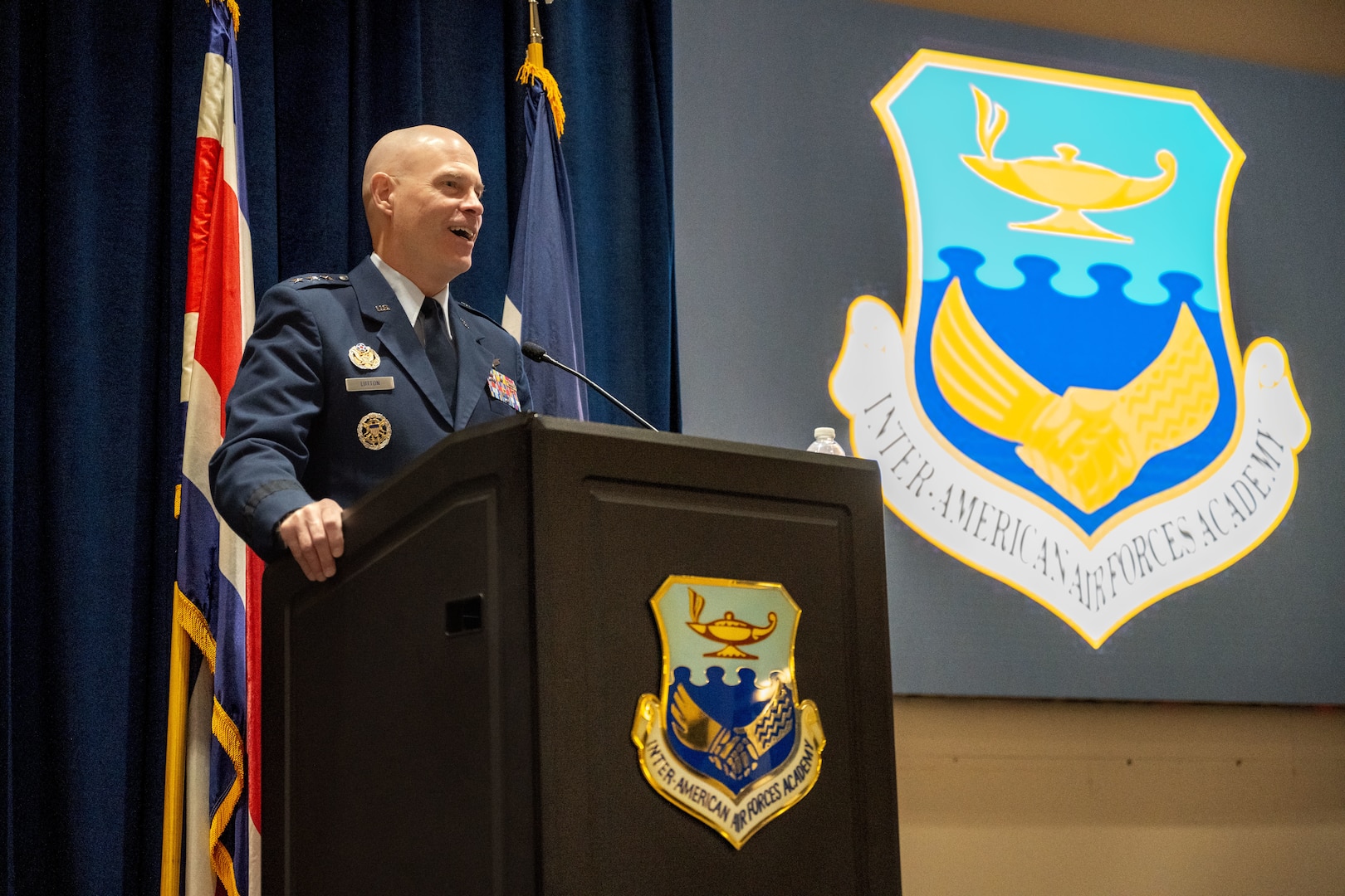 Lt. Gen. Michael Lutton, Deputy Commander of Global Strike Command, speaks during a graduation ceremony from the Inter-American Air Forces Academy at Joint Base San Antonio -Lackland, Texas, April 17, 2025.