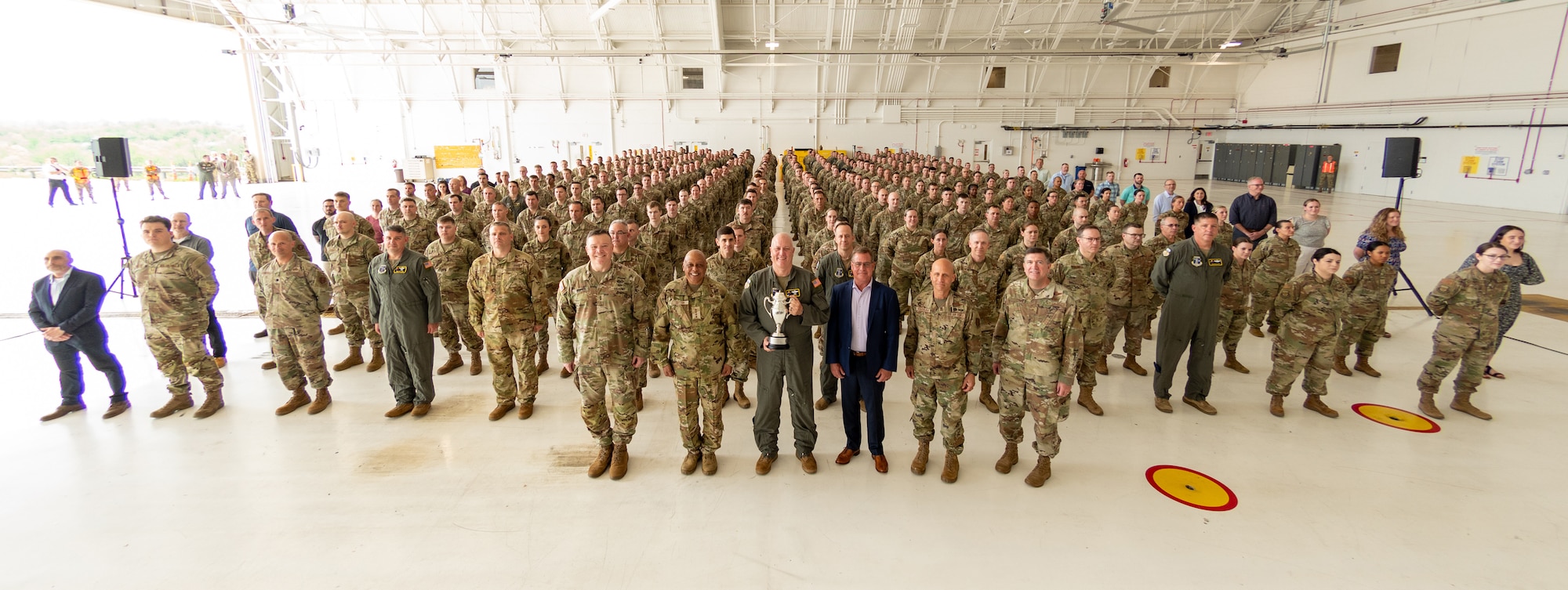 CORAOPOLIS, Pa. – Members of the 171st Air Refueling Wing, United States Strategic Command, Strategic Command Consultation Committee, and Pennsylvania National Guard leaders, pose for a group photo after the Omaha Trophy presentation ceremony at the 171st ARW, Pennsylvania Air National Guard Base, here, May 1, 2025. During the ceremony, U.S. Air Force Gen. Anthony Cotton, USSTRATCOM commander, and Mike Cassling, a representative of the SCCC, presented the 171st ARW with the 2024 Omaha Trophy for demonstrating the highest performance standards in USSTRATCOM’s Global Operations mission area. The Omaha Trophy is presented to the top military units supporting USSTRATCOM’s strategic deterrence mission for their exceptional performance in the categories of intercontinental ballistic missiles, ballistic missile submarines, strategic bombers, and global operations. Pennsylvania National Guard leadership present includes Army Maj. Gen. John R. Pippy, Pennsylvania adjutant general; Air Force Maj. Gen. Terrence L. Koudelka Jr., Pennsylvania deputy adjutant general-Air; Air Force Brig. Gen. Mark A. Goodwill, Pennsylvania National Guard director of Joint Staff. (Pennsylvania National Guard photo by Wayne V. Hall)