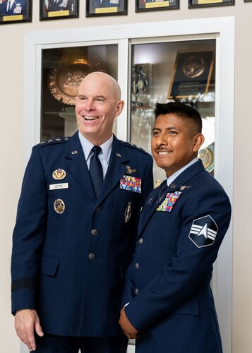 Lt. Gen. Michael Lutton, Deputy Commander of Global Strike Command poses for a photo with a student following a graduation ceremony from the Inter-American Air Forces Academy at Joint Base San Antonio-Lackland, Texas, April 17, 2025.