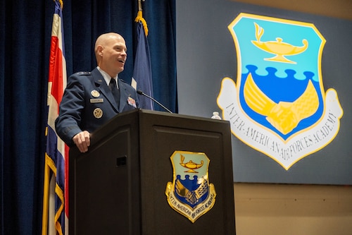 Lt. Gen. Michael Lutton, Deputy Commander of Global Strike Command, speaks during a graduation ceremony from the Inter-American Air Forces Academy at Joint Base San Antonio -Lackland, Texas, April 17, 2025.