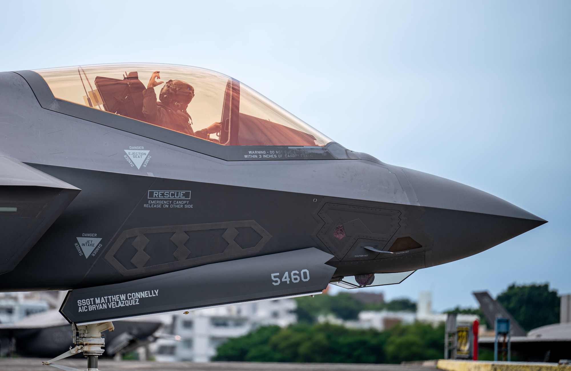 A U.S. Air Force F-35A Lightning II pilot assigned to the 355th Expeditionary Fighter Squadron taxis on the flightline at Marine Corps Air Station Futenma, Japan during a routine 18th Wing readiness exercise at Kadena Air Base, Japan, May 6, 2025.