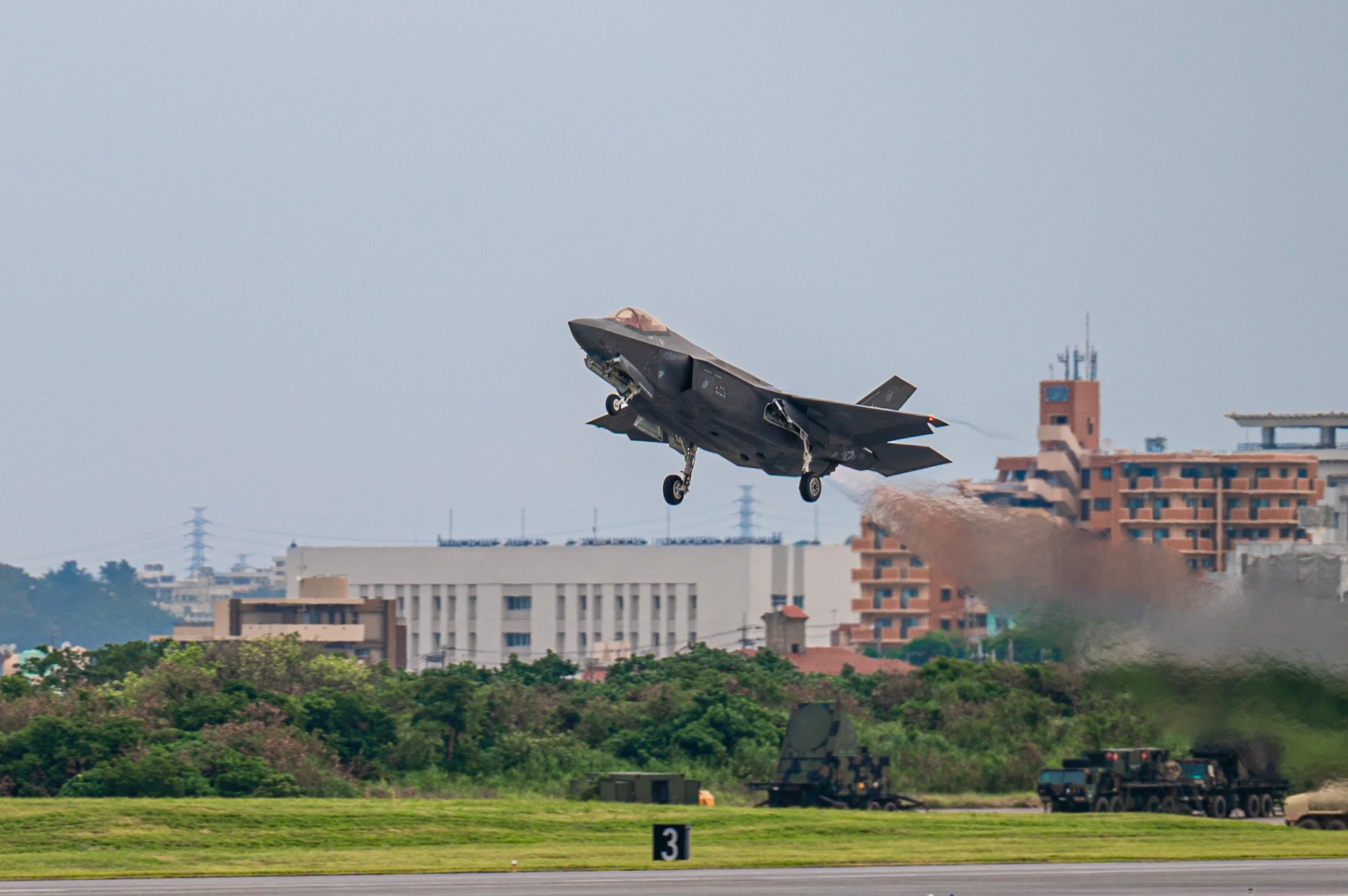 A U.S. Air Force F-35A Lightning II assigned to the 355th Expeditionary Fighter Squadron takes off from Marine Corps Air Station Futenma, Japan during a routine 18th Wing readiness exercise at Kadena Air Base, Japan, May 6, 2025.