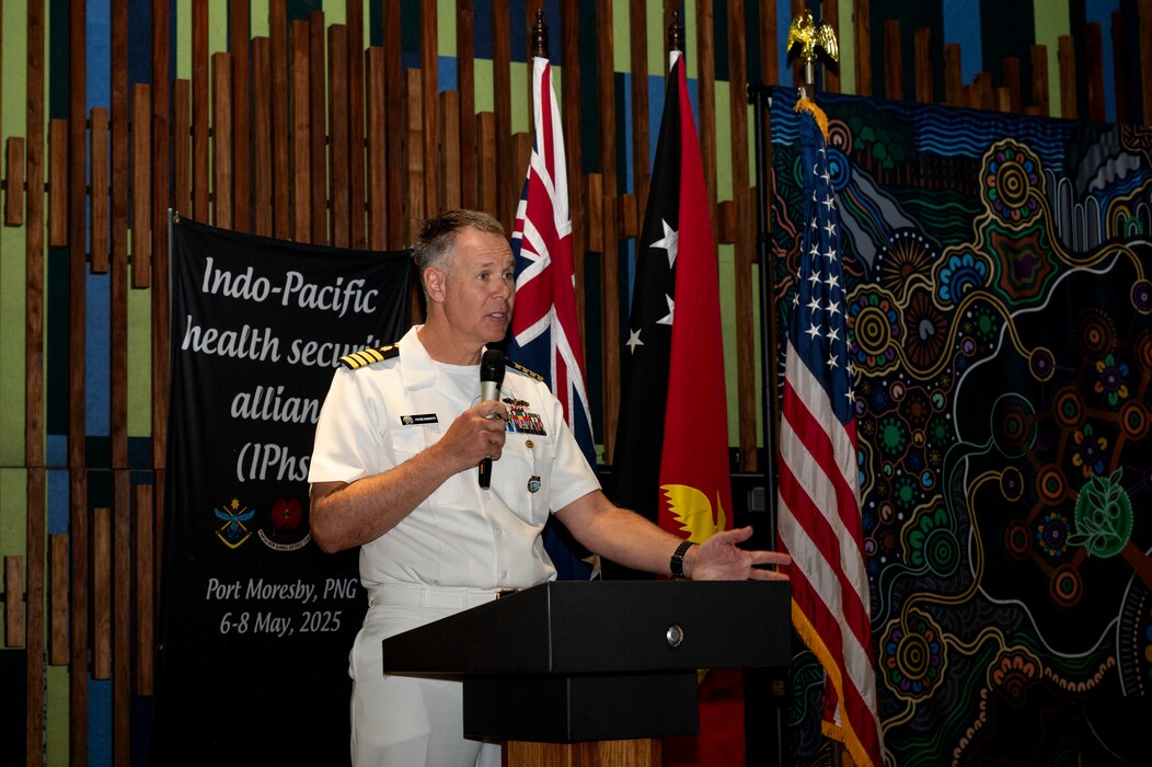 U.S. Navy Capt. Peter Roberts, U.S. Indo-Pacific Command Command Surgeon, provides opening remarks at the Indo-Pacific health security alliance in Port Moresby, Papua New Guinea, May 8, 2025. IPhsa aims to foster partnerships, counter harmful influences and enhance readiness, contributing to peace, security and prosperity in a free and open Indo-Pacific. (U.S. Army Photo by Sgt. Austin Riel)