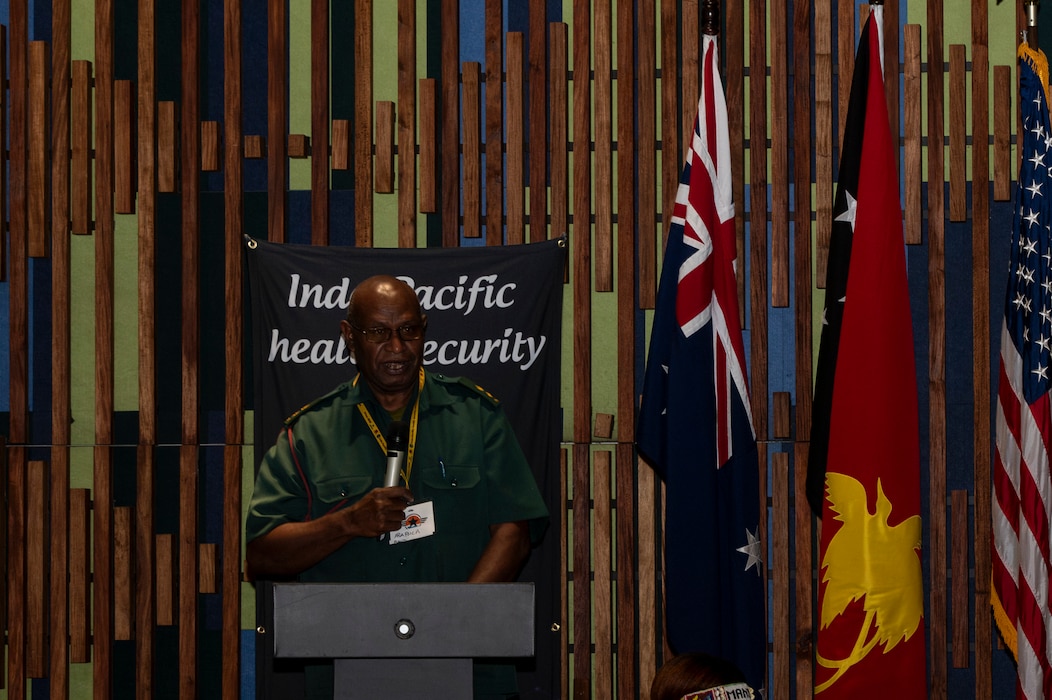 Papua New Guinea Defence Force Lt. Col Peter Kaminiel, PNGDF Director of Health Services, gives a speech at the closing ceremony upon joining the Indo-Pacific health security alliance in Port Moresby, Papua New Guinea, May 8, 2025. IPHSA aims to foster partnerships, counter harmful influences and enhance readiness, contributing to peace, security and prosperity in a free and open Indo-Pacific. (U.S. Army Photo by Sgt. Austin Riel)