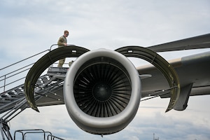 Airman 1st Class Robert Hartley, a 436th Aircraft Maintenance Squadron aerospace propulsion journeyman, participates in the Open/Close Engine Doors event during the 521st Air Mobility Operations Wing Mobility Vanguard 2025 at Ramstein Air Base, Germany, May 23, 2025.