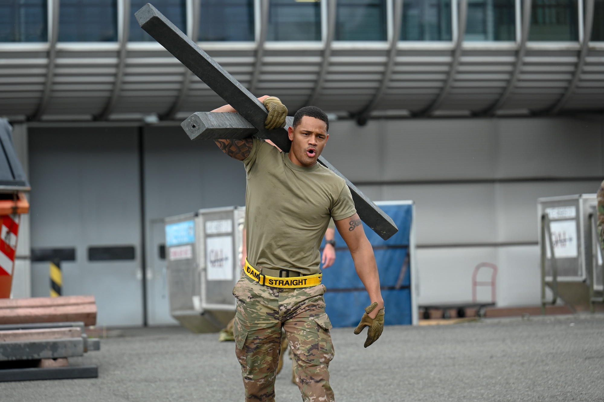 Staff Sgt. Alton Dennis, a 728th Air Mobility Squadron C-5/C-17 crew chief, participates in the Combat Fitness Challenge during the 521st Air Mobility Operations Wing Mobility Vanguard 2025 at Ramstein Air Base, Germany, May 25, 2025.