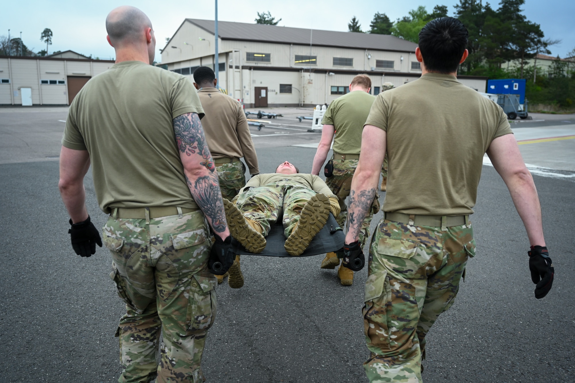Members assigned to the 726th Air Mobility Squadron, from Spangdahlem Air Base, Germany, participate in the Combat Fitness Challenge during the 521st Air Mobility Operations Wing Mobility Vanguard 2025 at Ramstein Air Base, Germany, May 25, 2025.