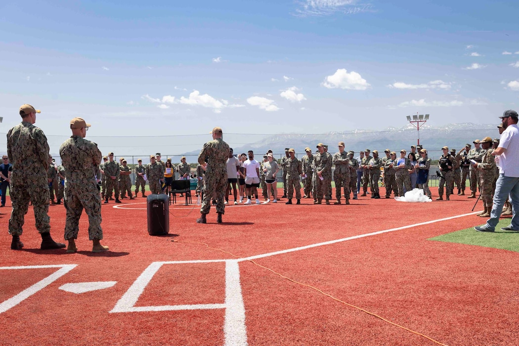 Capt. Stephen Steacy, commanding officer, Naval Support Activity Souda Bay, talks about summer safety hazards during a Summer Safety Stand Down event hosted by the NSA Souda Bay Safety Office at the base softball field on May 6, 2025.