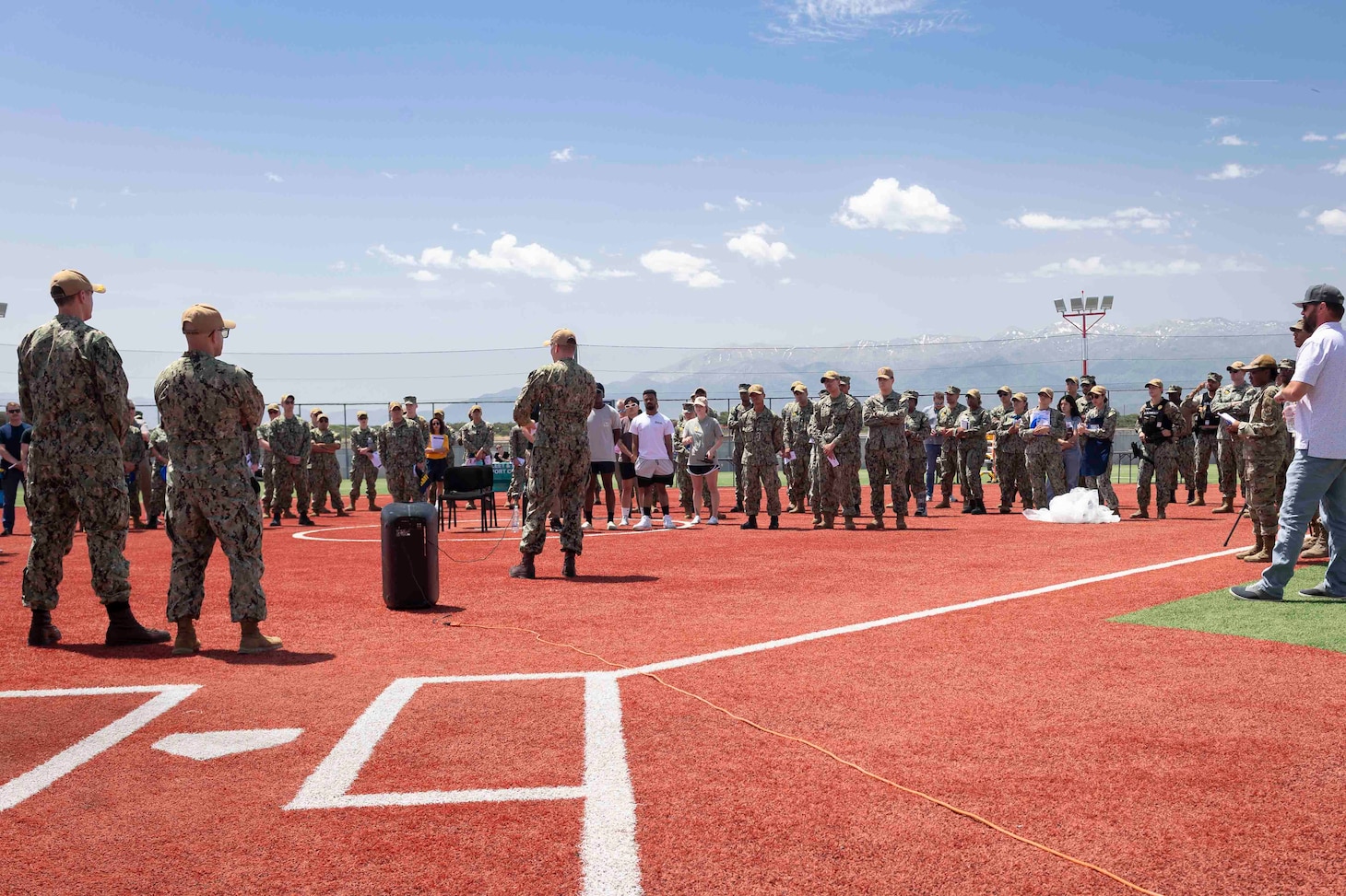 Capt. Stephen Steacy, commanding officer, Naval Support Activity Souda Bay, talks about summer safety hazards during a Summer Safety Stand Down event hosted by the NSA Souda Bay Safety Office at the base softball field on May 6, 2025.