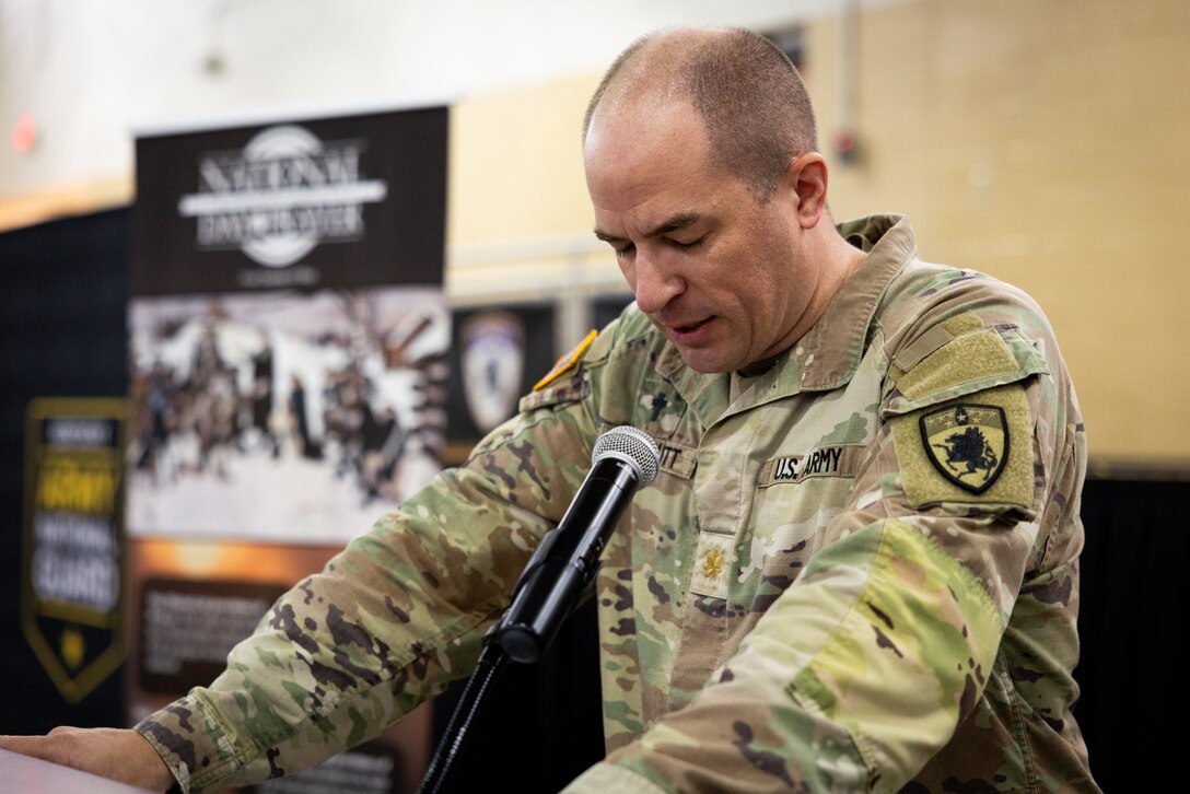 U.S. Army Chap. (Maj.) James Honeycutt gives the invocation at the Kentucky National Day of Prayer event at the Wellman Armory in Frankfort, Ky. on May 1, 2025. The Kentucky National Guard held its 15th annual National Day of Prayer for service members, civilians, fallen warriors and their families at a breakfast ceremony. (U.S. Army National Guard photo by Andy Dickson)