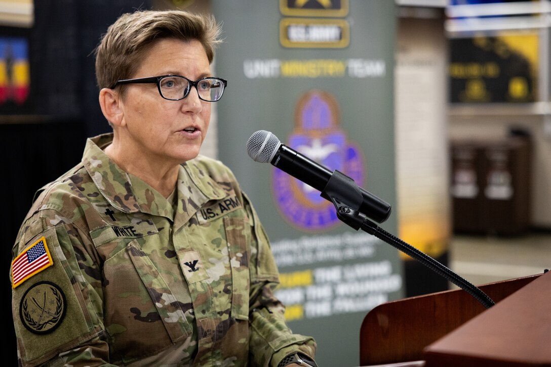 U.S. Army Chap. (Col.) Angela White, Kentucky National Guard state chaplain, gives a prayer for fallen Service members and their families at the Kentucky National Day of Prayer event at the Wellman Armory in Frankfort, Ky. on May 1, 2025. The Kentucky National Guard held its 15th annual National Day of Prayer for service members, civilians, fallen warriors and their families at a breakfast ceremony. (U.S. Army National Guard photo by Andy Dickson)