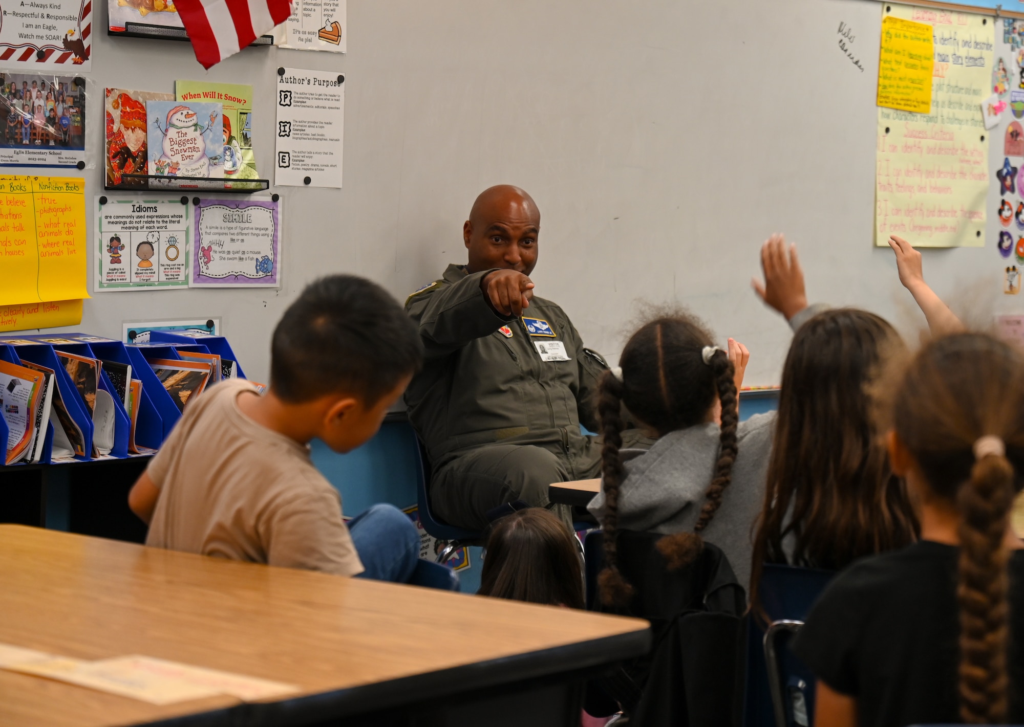 U.S. Air Force Col. Larry Fenner Jr., 350th Spectrum Warfare Wing commander, reads and answers questions from 2nd graders at Eglin Elementary School during Month of the Military Child at Eglin Air Force Base, Florida, April 28, 2025. The Month of the Military Child recognizes the strength and resilience of military children, who grow up facing distinct challenges as their parents uphold the demanding duties of military service. (U.S. Air Force photo by Capt. Benjamin Aronson)