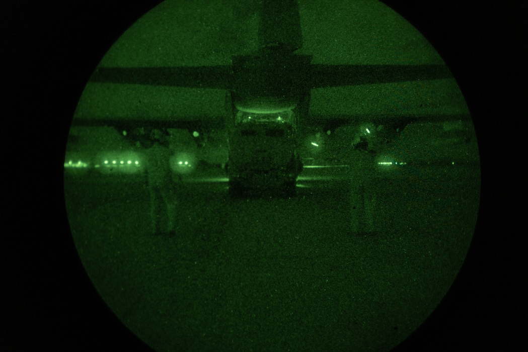 U.S Marines assigned to Marine Aviation Weapons and Tactics Squadron One (MAWTS-1) load an M142 High Mobility Artillery Rocket System into a KC-130J Hercules during a night tactics exercise as part of Weapons and Tactics Instructor course 2-25 at Marine Corps Logistics Base Barstow, California, April 7, 2025. WTI is a seven-week training event hosted by MAWTS-1 which emphasizes operational integration of the six functions of Marine aviation in support of the Marine Air Ground Task Force, Joint and Coalition Forces. (U.S. Marine Corps photo by Pfc. Alexander Mantai)