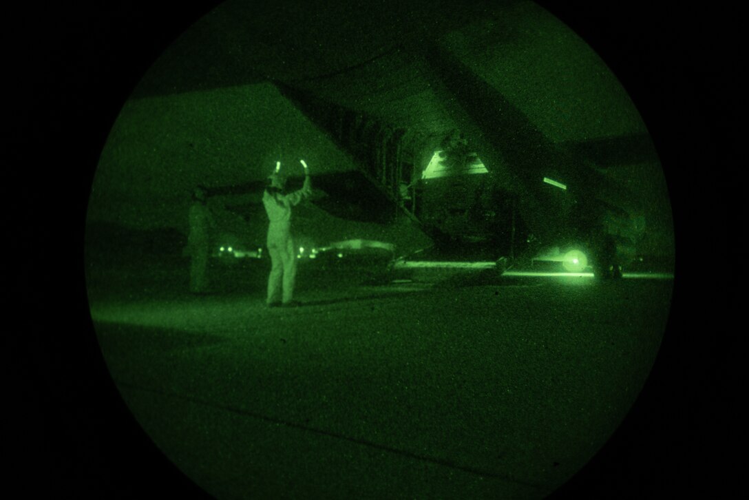 U.S Marines assigned to Marine Aviation Weapons and Tactics Squadron One (MAWTS-1) load an M142 High Mobility Artillery Rocket System into a KC-130J Hercules during a night tactics exercise as part of Weapons and Tactics Instructor course 2-25 at Marine Corps Logistics Base Barstow, California, April 7, 2025. WTI is a seven-week training event hosted by MAWTS-1 which emphasizes operational integration of the six functions of Marine aviation in support of the Marine Air Ground Task Force, Joint and Coalition Forces. (U.S. Marine Corps photo by Pfc. Alexander Mantai)