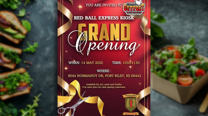 Come down the to Grand Opening of the Culinary Outposts Red Ball Express Kiosk!

When: 14 May 2025 | Time: 1030-1130
Where: 8044 Normandy Drive, Fort Riley, KS 66442

Available for ALL meal card holders
A la carte price for cash paying customers.