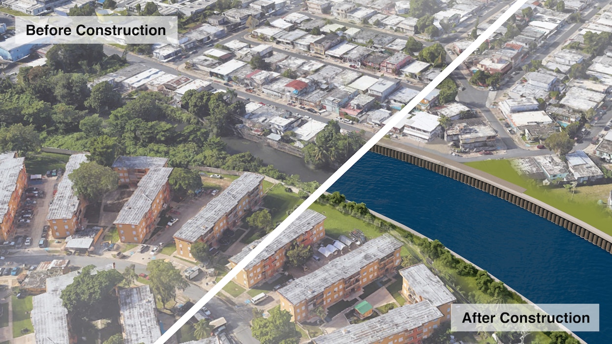 Rendering of before and after project construction. Before construction, the narrow river is overgrown with trees After construction, the river is wide and free flowing.
