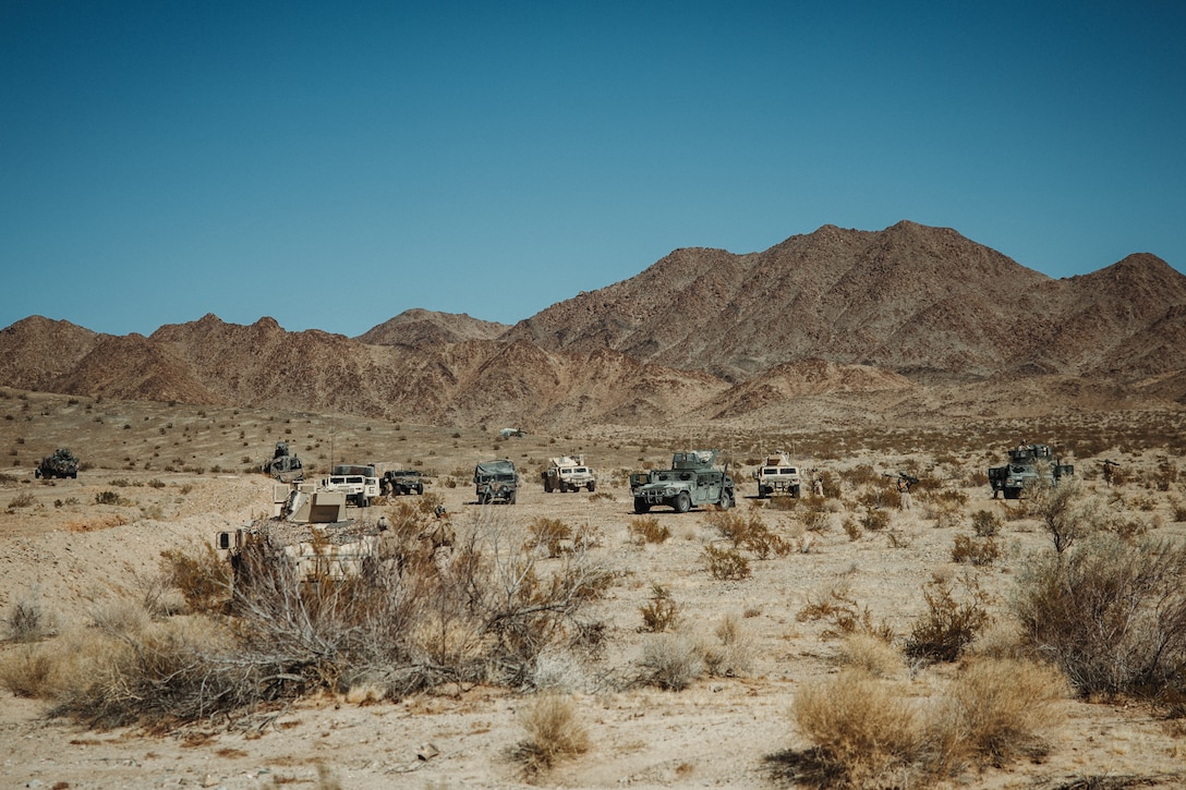 U.S. Marines with 3rd Battalion, 14th Marine Regiment, 4th Marine Division, stage tactical vehicles during a Marine Air-Ground Task Force Warfighting Exercise at MCAGCC, Twentynine Palms, California, Feb. 20, 2025.  MWX is a comprehensive force-on-force training event designed to enhance the operational readiness and combat effectiveness of all MAGTF elements by simulating complex and dynamic battle scenarios while refining tactics. Service Level Training Exercise 1-25 is purpose built to increase readiness across Core Mission Essential Tasks, preparing composite task forces for force-on-force operations across a contested multi-domain distributed environment through modern training tools and data capture.  (U.S. Marine Corps photo by Lance Cpl. Richard PerezGarcia)