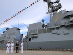 CHANGI NAVAL BASE, SINGAPORE (May 6, 2025) Adm. Steve Koehler, commander, U.S. Pacific Fleet, center right, Capt. David Huljack, commander of Destroyer Squadron 15, right, Cmdr. Ivan Dobrev, commanding officer of the Arleigh Burke-class guided-missile destroyer USS Dewey (DDG 105), center left, and Cmdr. Jordan White, executive officer of DDG 105, left, pose for a photo on Changi Naval Base during the International Maritime Defense Exhibition (IMDEX) Asia 25, May 6, 2025. IMDEX Asia 25 is Asia's leading naval and maritime defense event. The U.S. Navy routinely participates in IMDEX to promote dialogue, stability, and security cooperation throughout the Indo-Pacific. (U.S. Navy photo by Mass Communication Specialist 1st Class Devin Monroe)