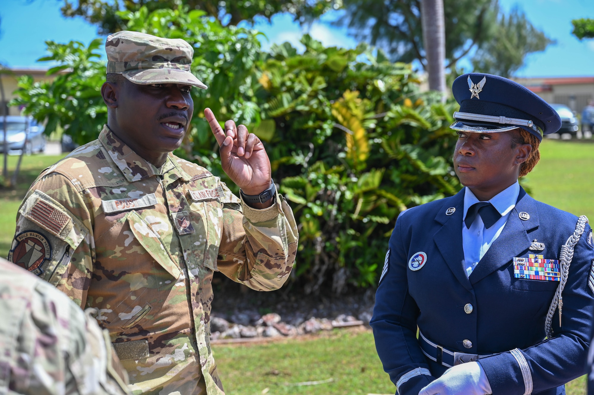 Two former U.S. Air Force Military Training Instructors teach Andersen Honor Guard members at Andersen Air Force Base, Guam, April 24, 2025.
