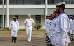 SUVA, Fiji (May 8, 2025) Rear Adm. Kyle Gantt, center, deputy commander, U.S. 7th Fleet, participates in an inspection ceremony with sailors of the Republic of Fiji Navy, prior to staff talks during a port visit to Suva, Fiji, May 8, 2025. The U.S. 7th Fleet flagship USS Blue Ridge (LCC 19), and the 7th Fleet staff conduct regular Indo-Pacific patrols to deter aggression, strengthen alliances and partnerships, and advance future warfighting capabilities. (U.S. Navy photo by Mass Communication Specialist 1st Class Ryan M. Breeden)