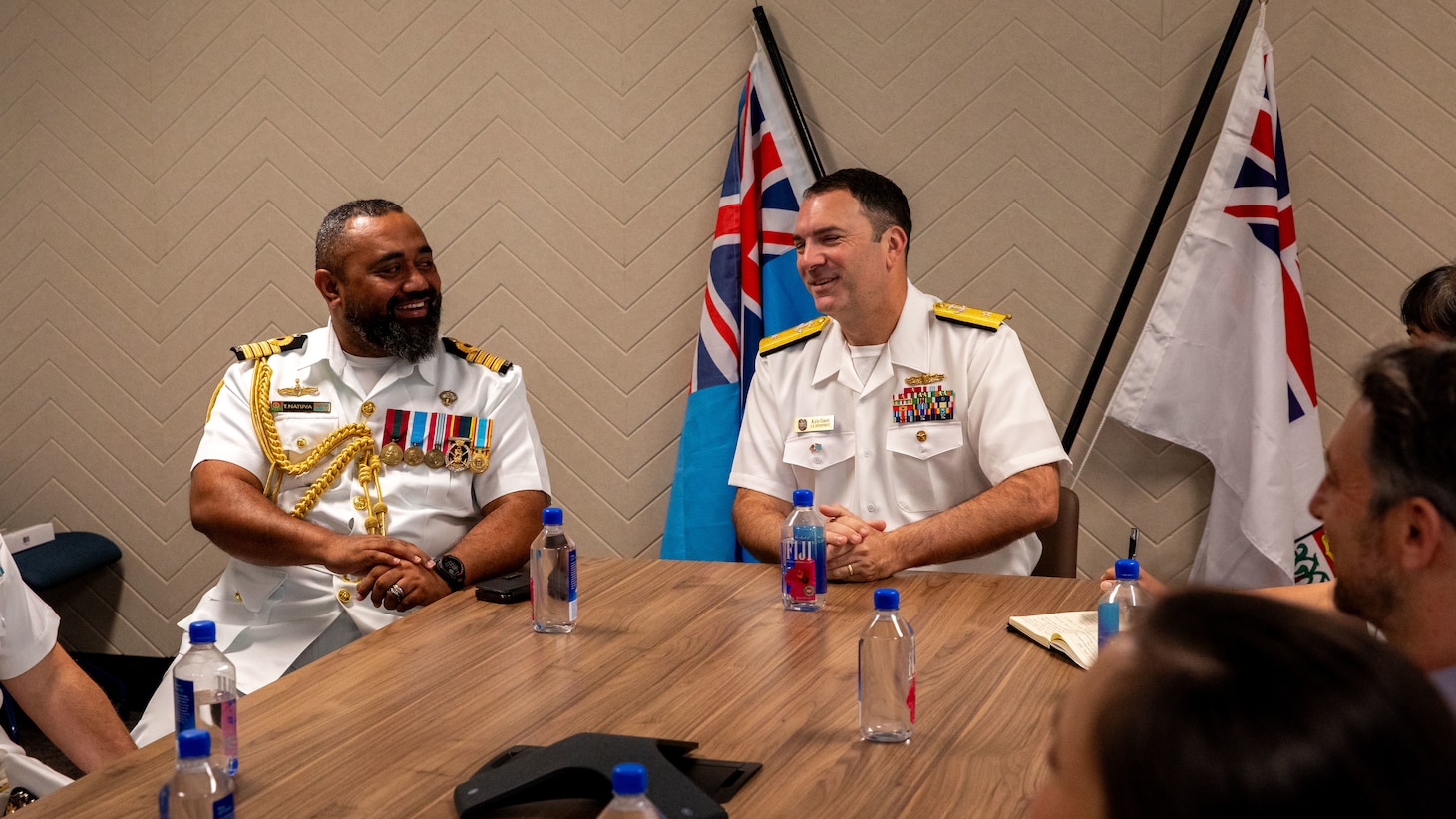 SUVA, Fiji (May 8, 2025) Rear Adm. Kyle Gantt, right, deputy commander, U.S. 7th Fleet, speaks with Capt. Timoci Natuva, commander, Republic of Fiji Navy, during staff talks while in port for a scheduled visit to Suva, Fiji, May 8, 2025. The U.S. 7th Fleet flagship USS Blue Ridge (LCC 19), and the 7th Fleet staff conduct regular Indo-Pacific patrols to deter aggression, strengthen alliances and partnerships, and advance future warfighting capabilities. (U.S. Navy photo by Mass Communication Specialist 1st Class Ryan M. Breeden)