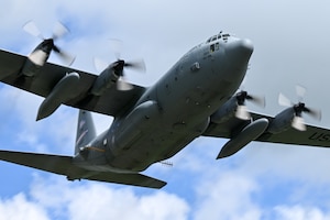 A 910th Airlift Wing C-130H Hercules aircraft, equipped with a training-only modular aerial spray system, flies near Youngstown Air Reserve Station, Ohio, May 7, 2025. The aircraft performed a larvicide application demonstration, using water, for a group of pest management specialists from across the Department of Defense attending an aerial spray application course.