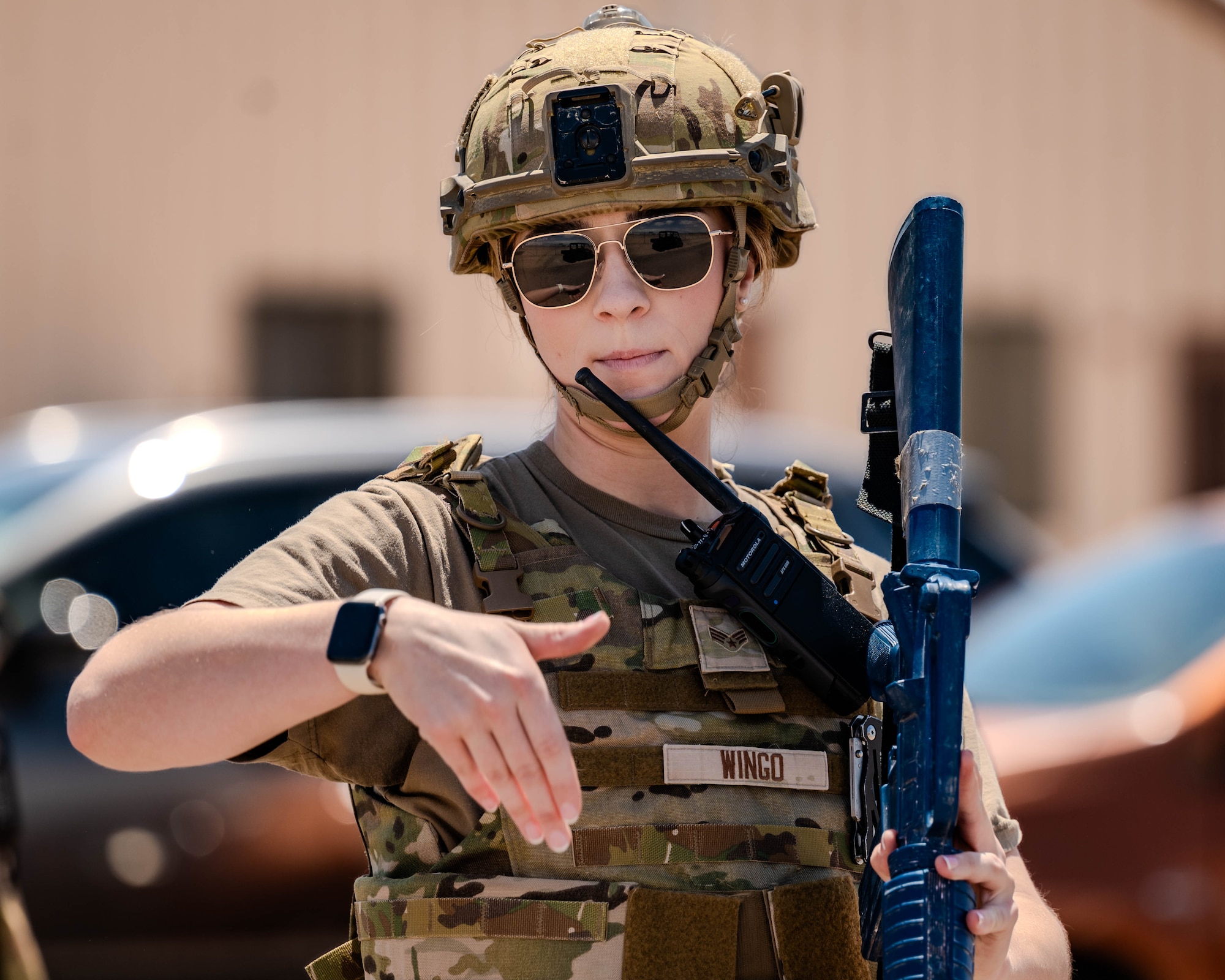 U.S. Air Force Senior Airman Brooke Wingo, 56th Civil Engineer Squadron structural journeyman, directs her team's next moves and strategy during an exercise