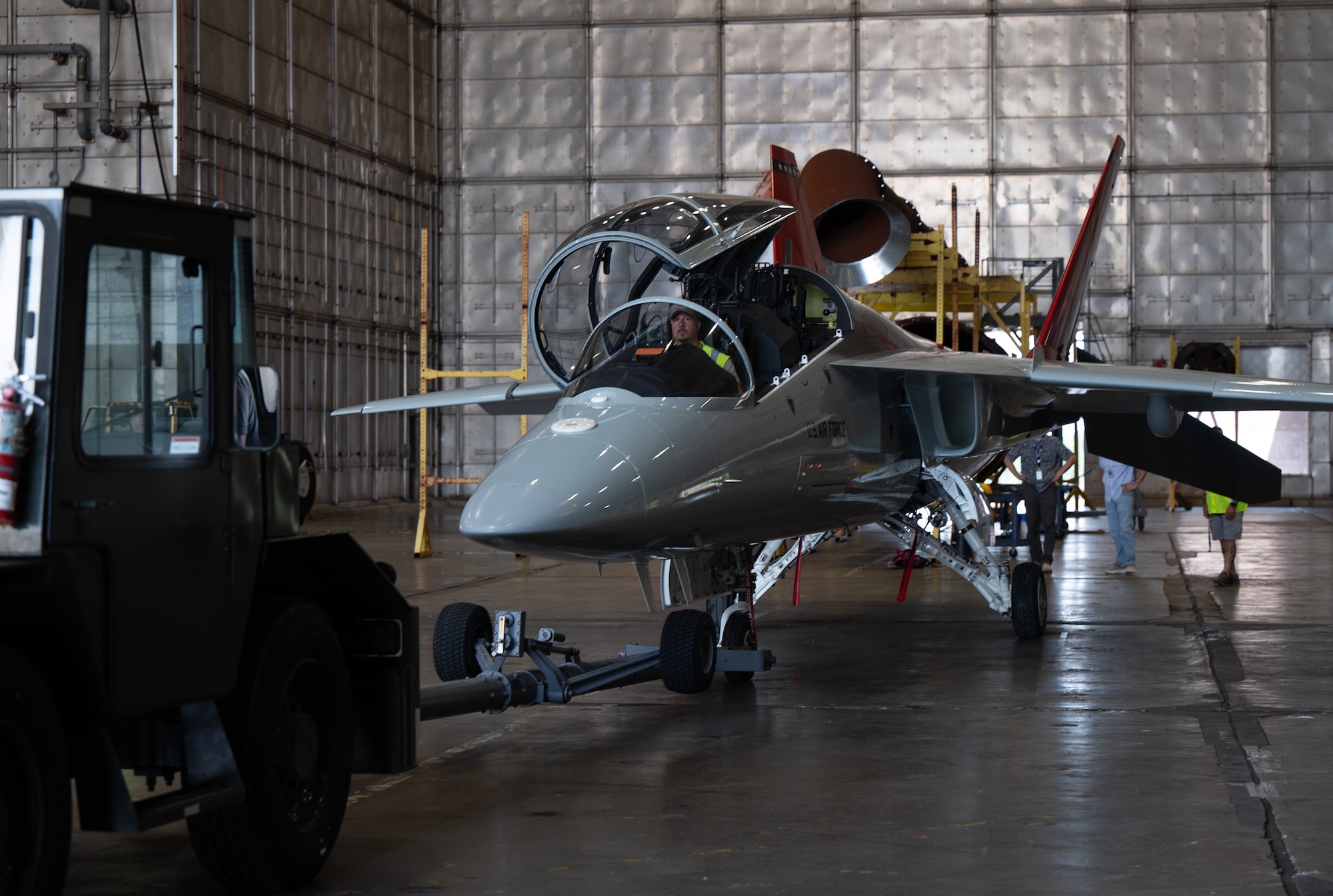 T-7A aircraft sits inside a chamber.