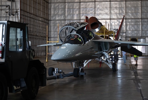 T-7A aircraft sits inside a chamber.