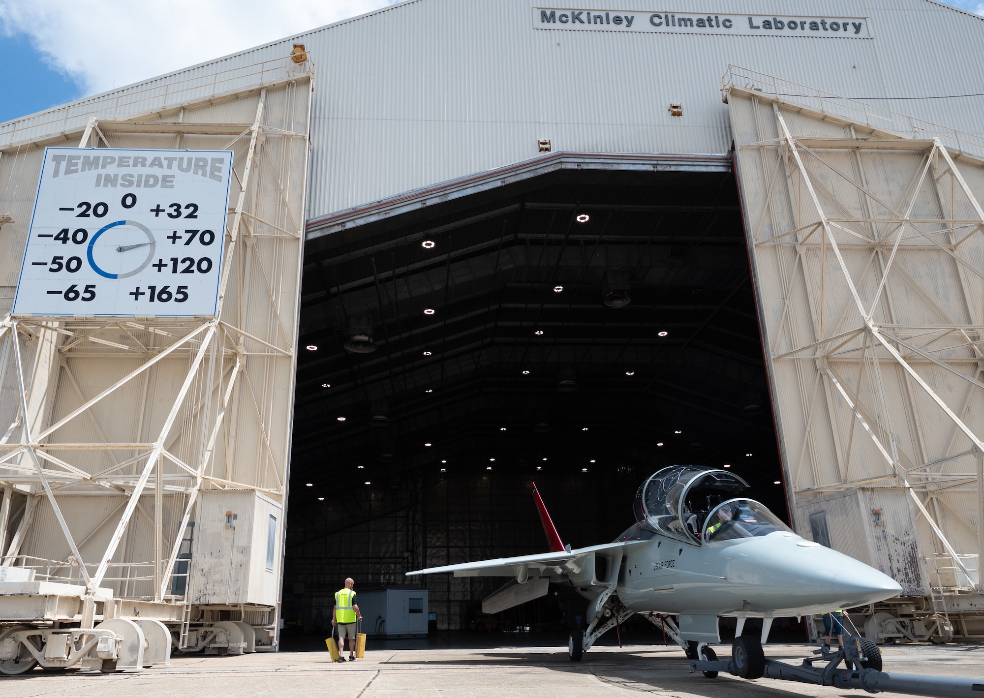A T-7A Red Hawk, sits outside the McKinley Climatic Lab.